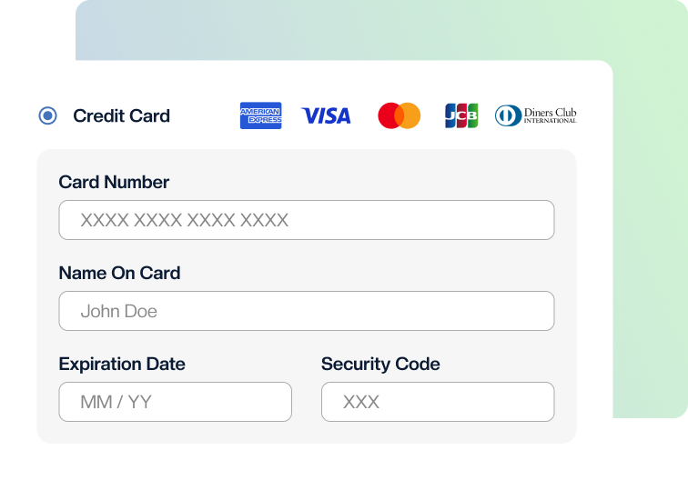 Credit card information entry form with multiple credit card logos.